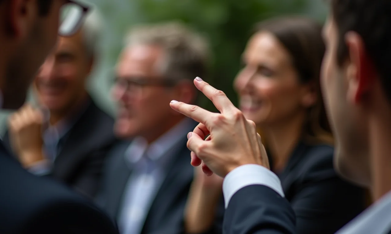 Mãos gesticulando em direção à plateia durante uma apresentação.
