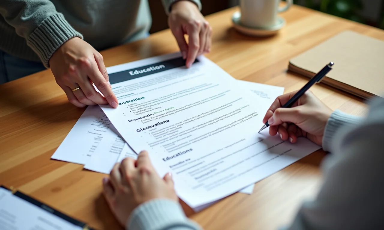 Mãos organizando currículo, priorizando a ordem cronológica da formação acadêmica.
