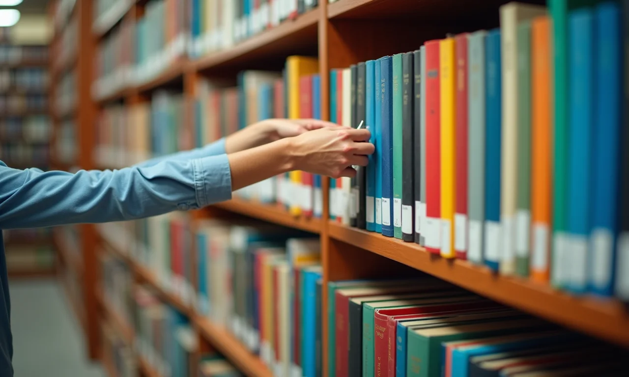 Mãos organizando livros em estante, catalogação.