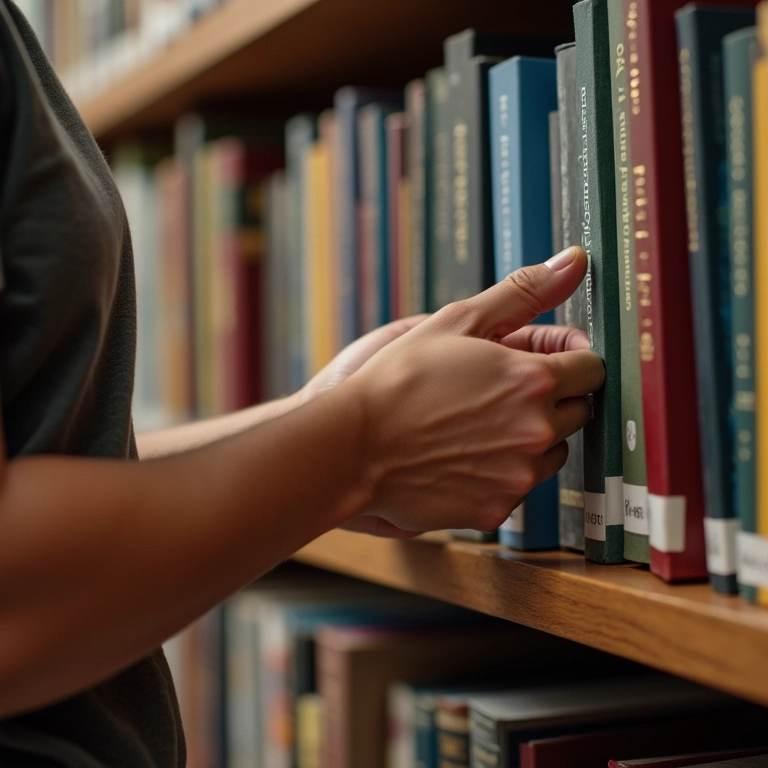 Mãos organizando livros em uma estante de biblioteca.