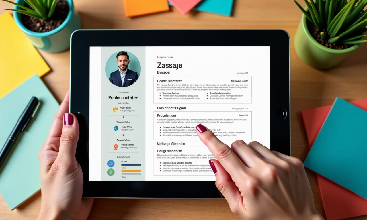 Mãos selecionando um modelo de currículo em PDF em um tablet.