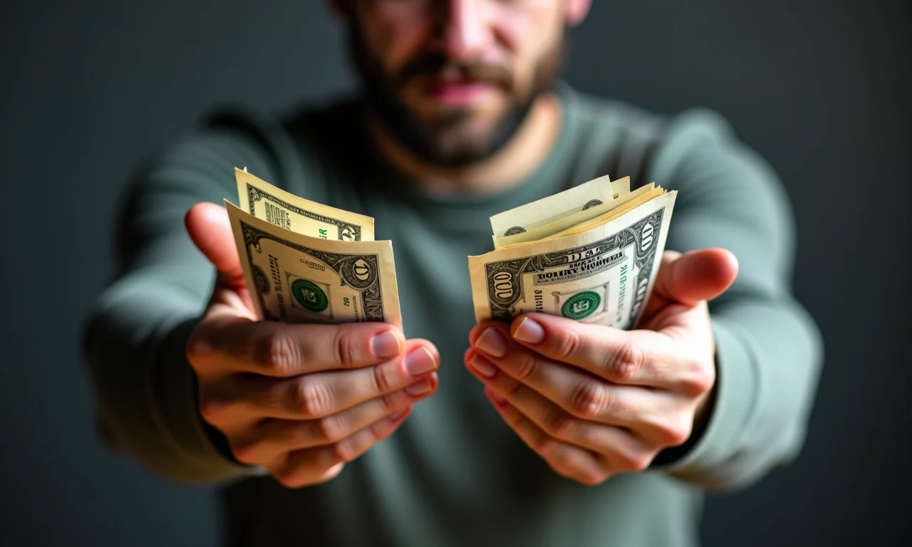 Mãos trocando notas desgastadas, simbolizando salários baixos e condições financeiras precárias.