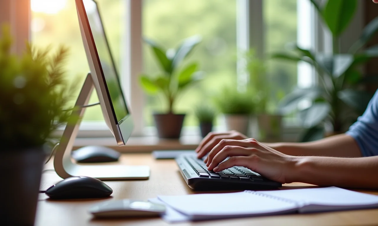 Mãos usando teclado e mouse ergonômicos em home office iluminado.