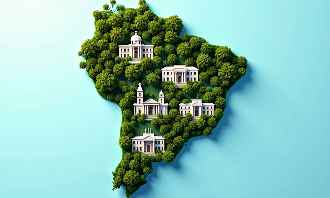 Mapa do Brasil destacando as 5 melhores universidades brasileiras no Ranking QS, com arquitetura moderna e áreas verdes.