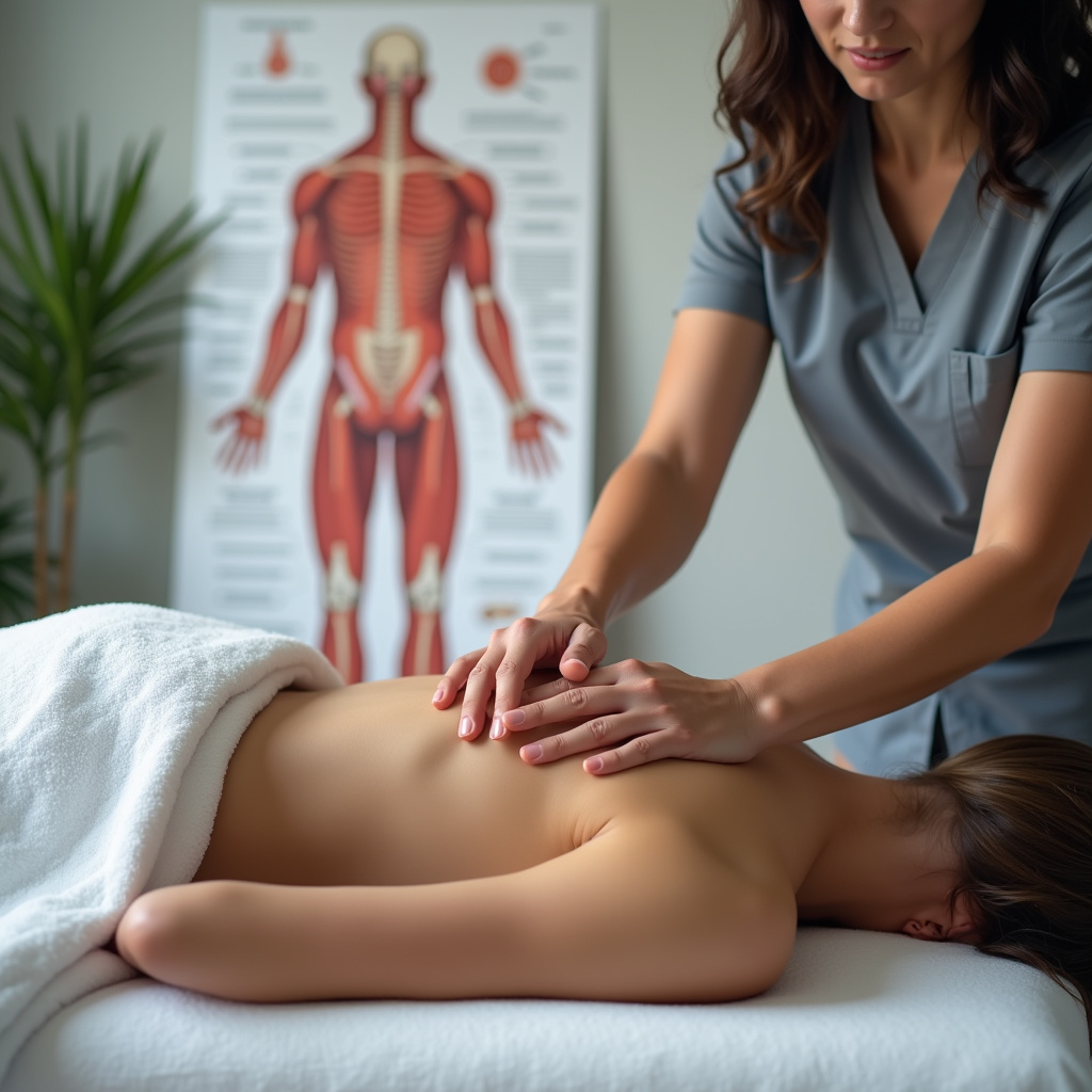 Massoterapeuta palpando músculos, com gráfico de anatomia ao fundo.