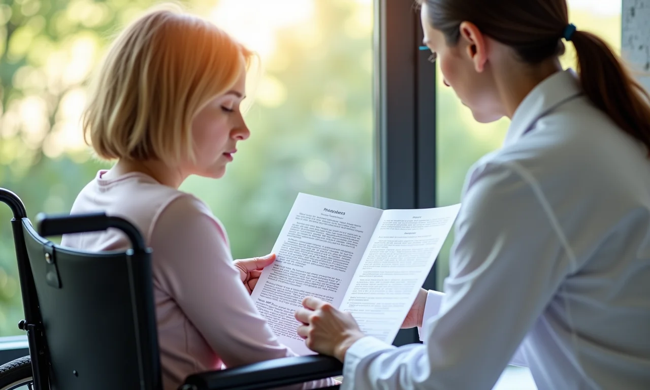 Médico avaliando laudo de paciente em cadeira de rodas para fins de comprovação da deficiência.