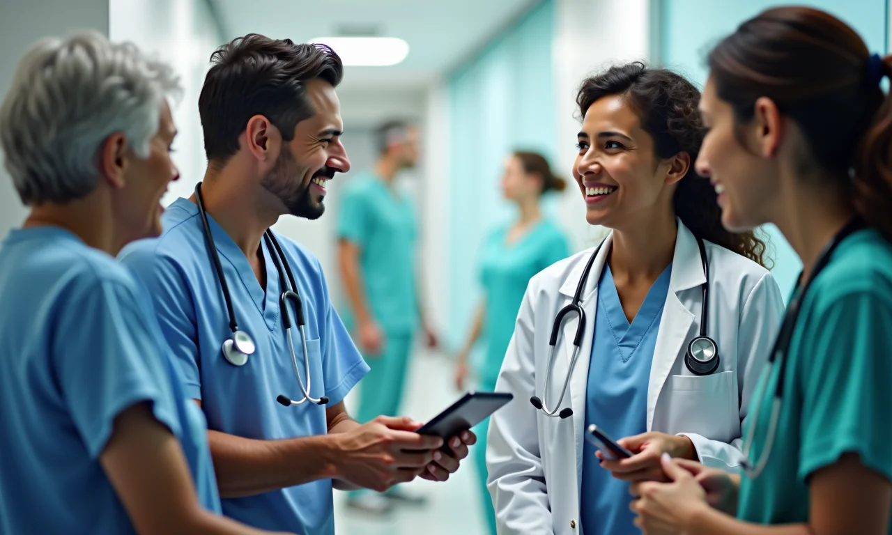 Médico brasileiro atendendo paciente em hospital público moderno.