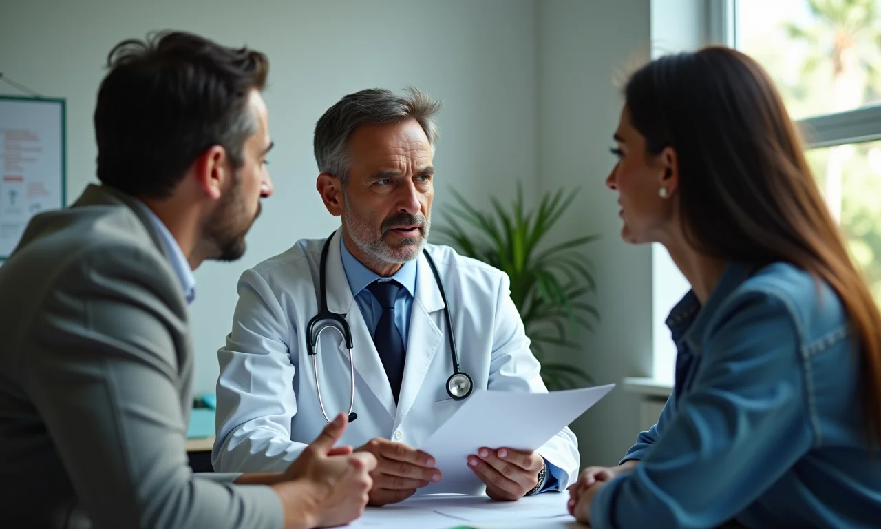 Médico explica doença ocupacional a trabalhador.