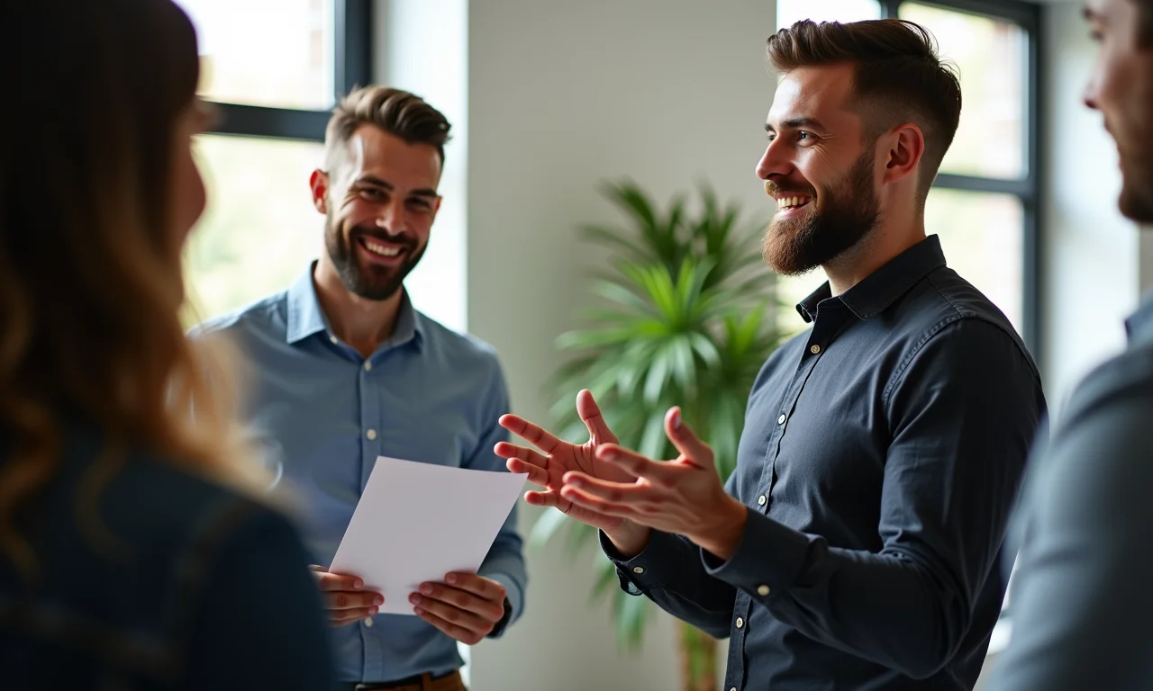 Membro da equipe apresenta uma ideia com confiança, líder apoia.