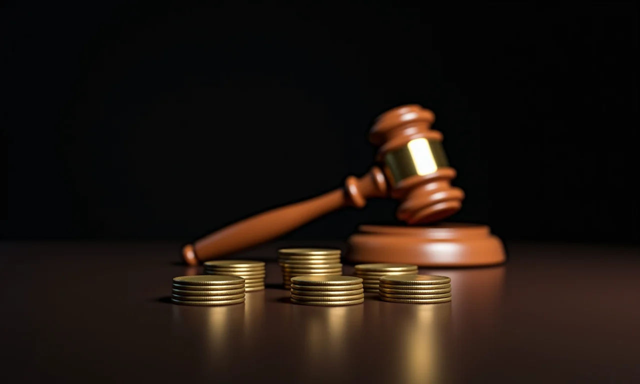 Moedas empilhadas com martelo de juiz, prioridade de créditos trabalhistas.