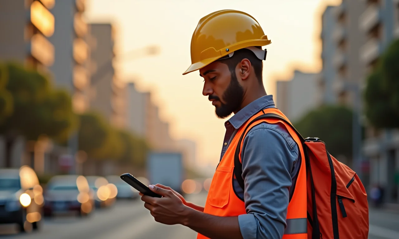 Motoboy checando rota com equipamentos de segurança.