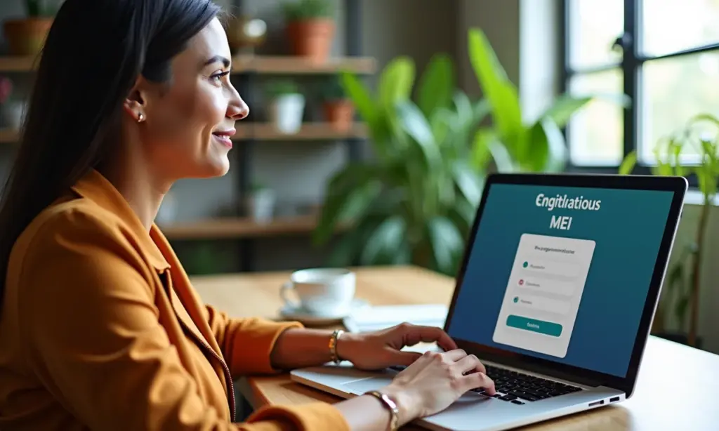 Quem Recebe Seguro Desemprego Pode Abrir Mei Mulher abrindo MEI com laptop em espaço de coworking.