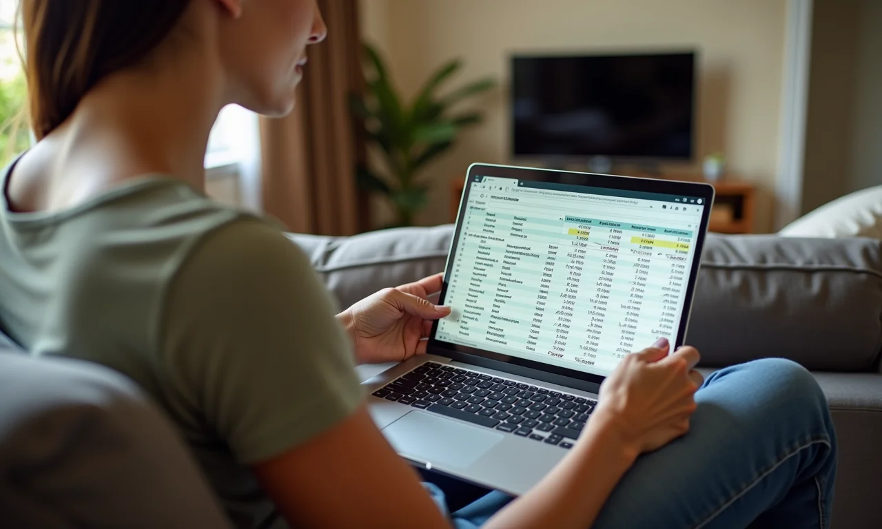 Mulher analisando planilha de orçamento no laptop, calculando despesas e avaliando as consequências do cancelamento da matrícula.
