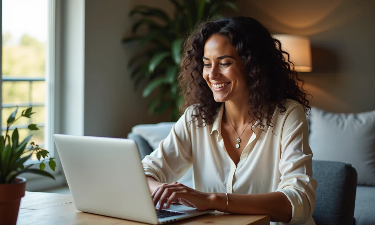 Mulher aprendendo uma nova habilidade online, feliz e concentrada.