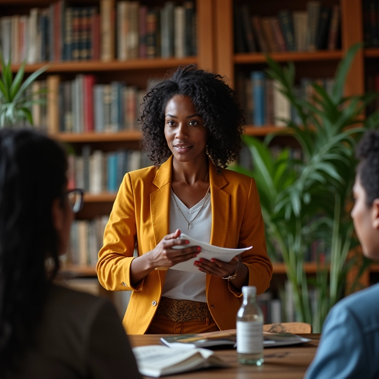 Mulher apresentando resultados científicos com confiança.