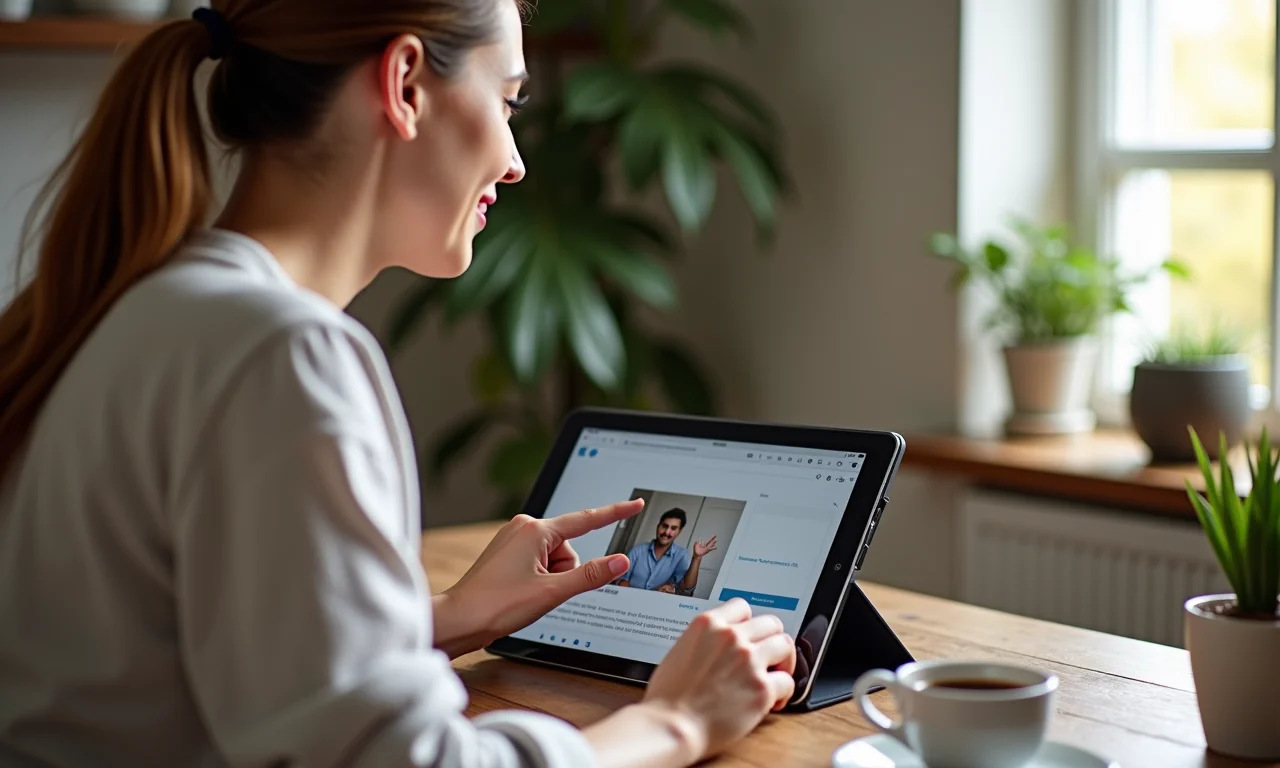 Mulher assistindo curso online da FGV na cozinha com decoração Farm Rio.
