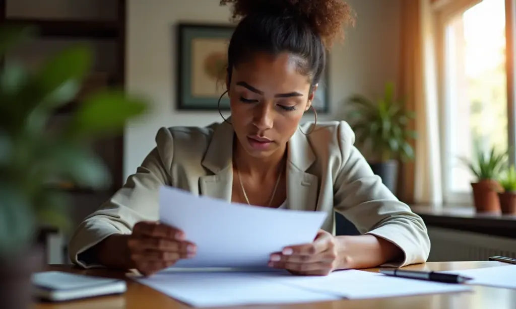 Mulher brasileira analisando contrato de trabalho com expressão preocupada, focando em direitos trabalhistas e comissões.