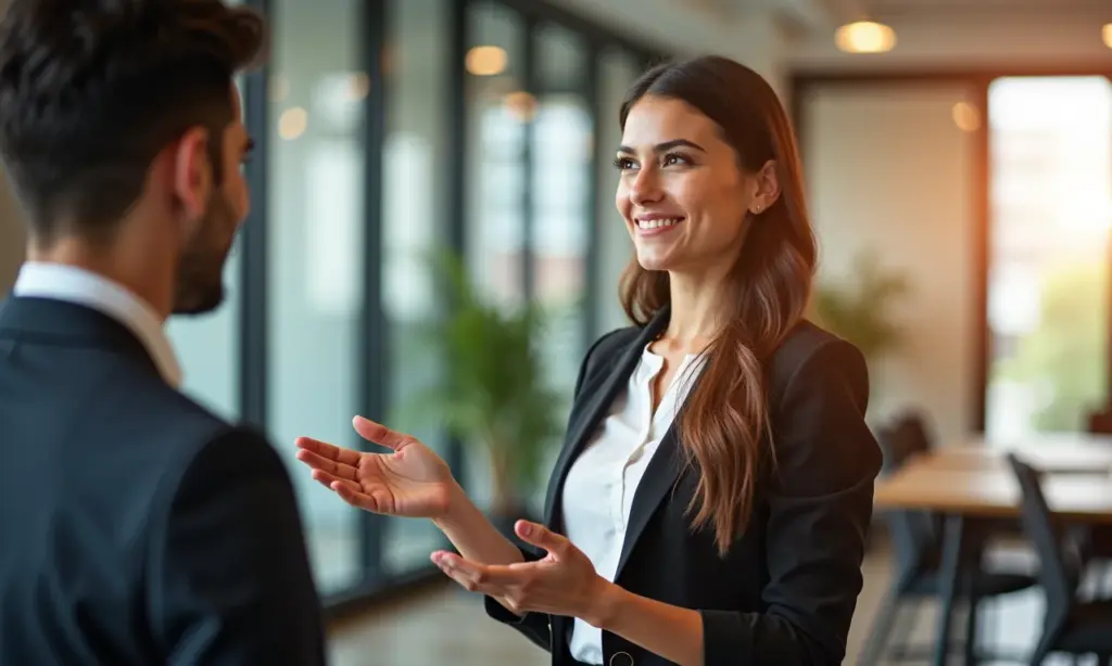 Mulher brasileira confiante apresentando em escritório moderno.