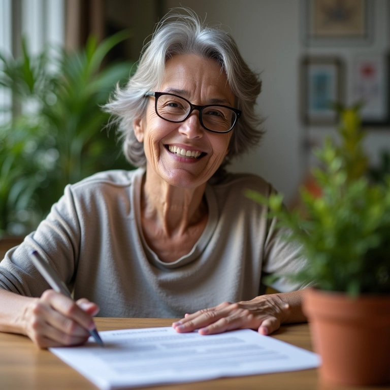 Mulher brasileira de meia-idade sorrindo, segurando uma caneta sobre o acordo do FIES.