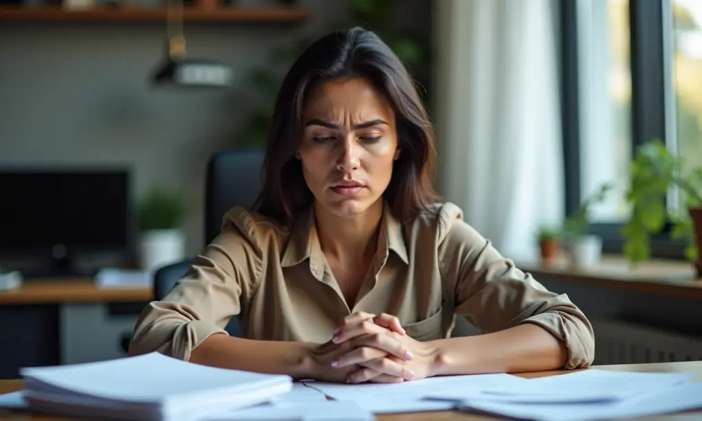 Depressão Pode Ser Considerada Doença do Trabalho Mulher brasileira estressada no trabalho, representando a depressão como doença ocupacional.
