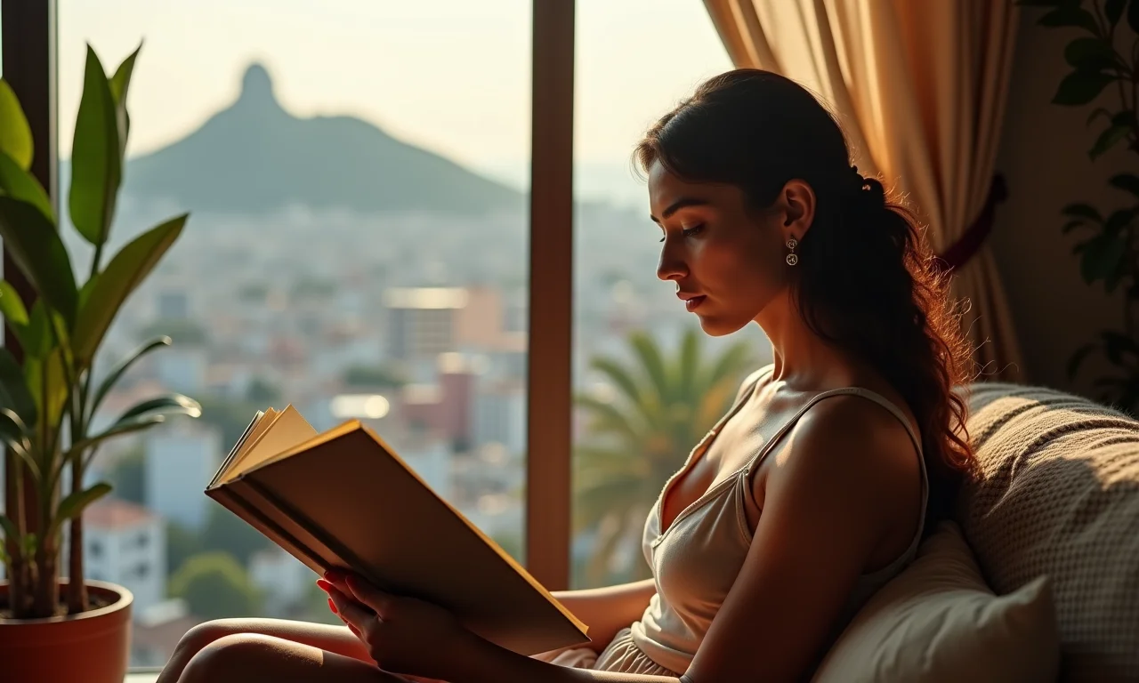 Mulher brasileira estudando história em apartamento aconchegante.