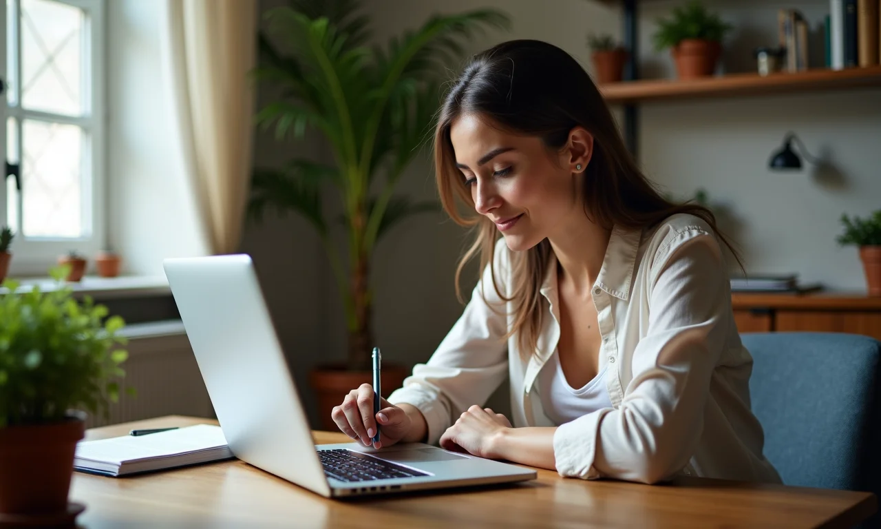 Mulher brasileira estudando para concurso público em casa.