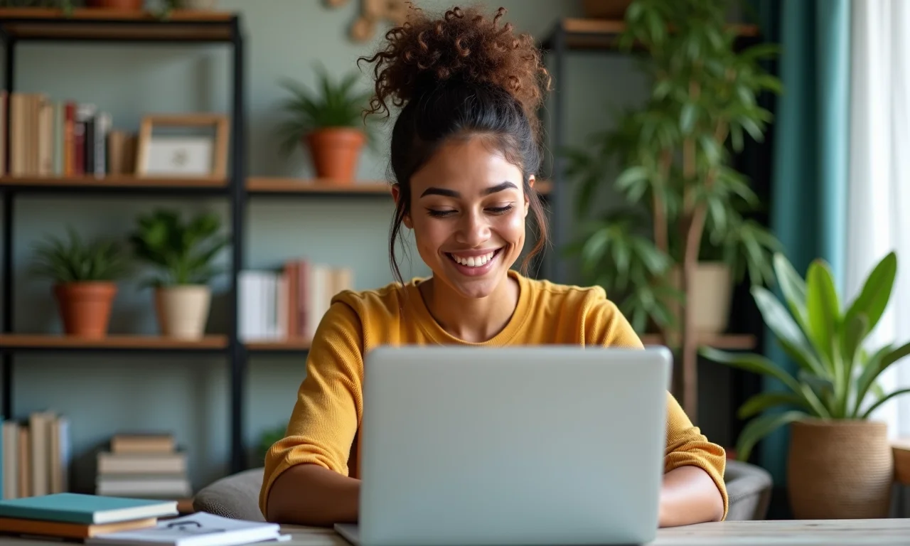Mulher brasileira fazendo curso online em apartamento estiloso.