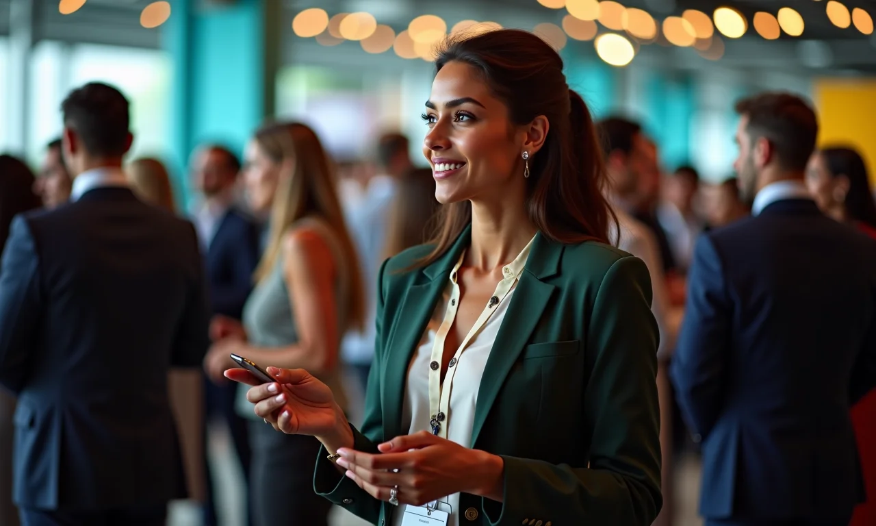 Mulher brasileira fazendo networking em conferência, construindo conexões profissionais.