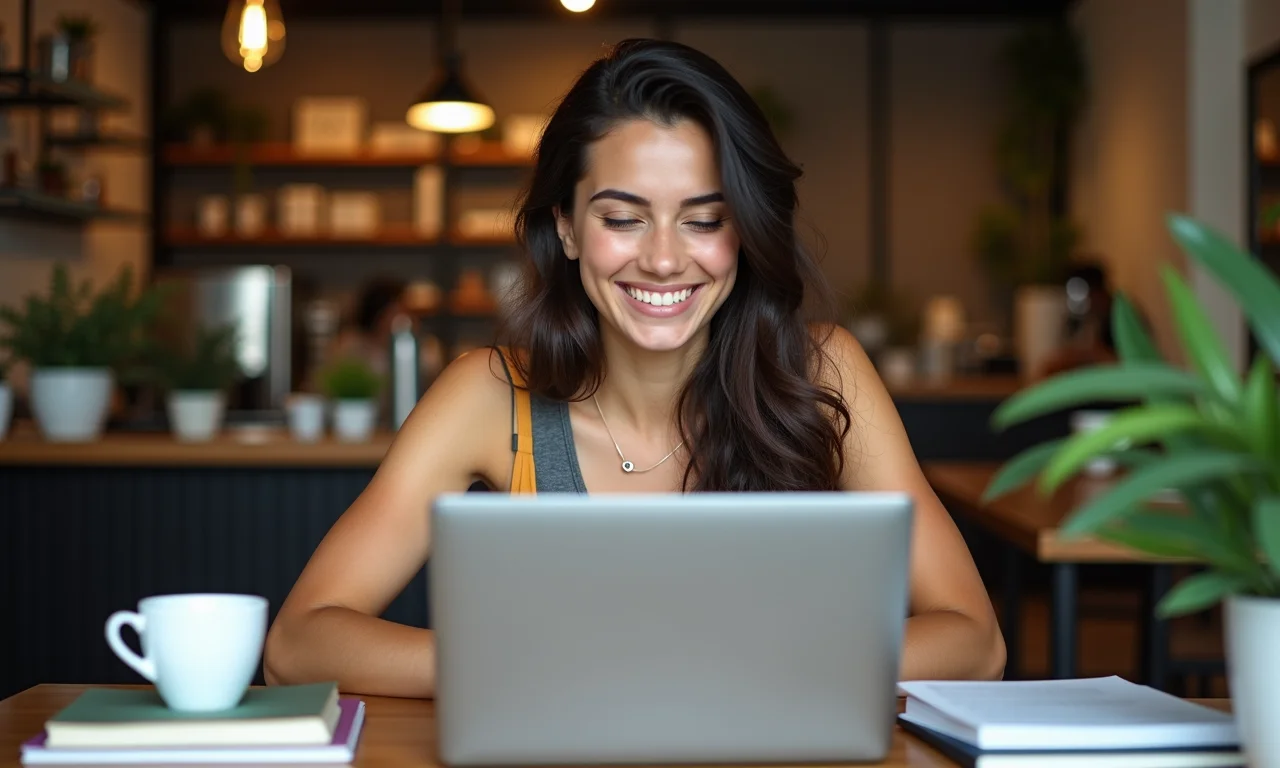 Mulher brasileira feliz fazendo um curso Coursera em um café.