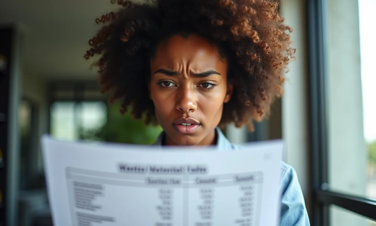 Mulher brasileira frustrada analisando extratos de comissão com deduções por vendas canceladas.