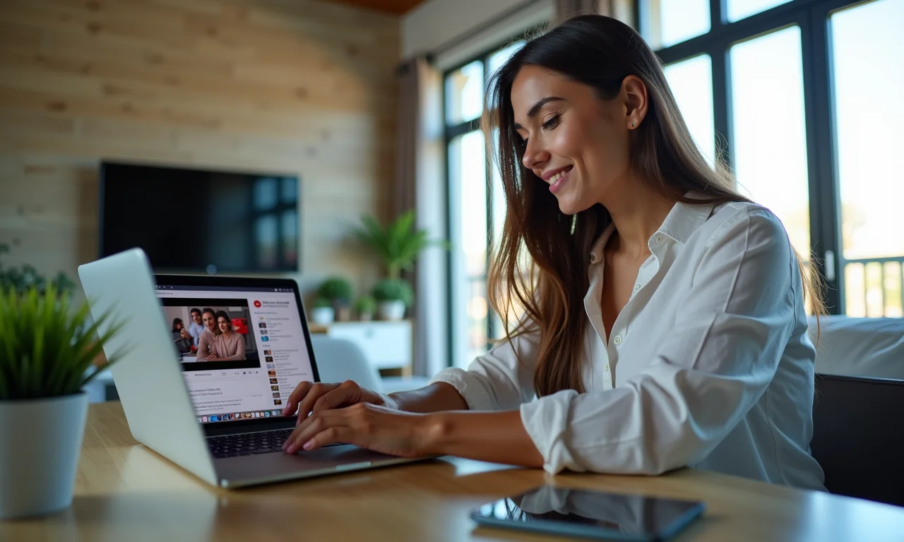 Mulher brasileira otimizando vídeo para YouTube com foco em SEO em apartamento moderno.