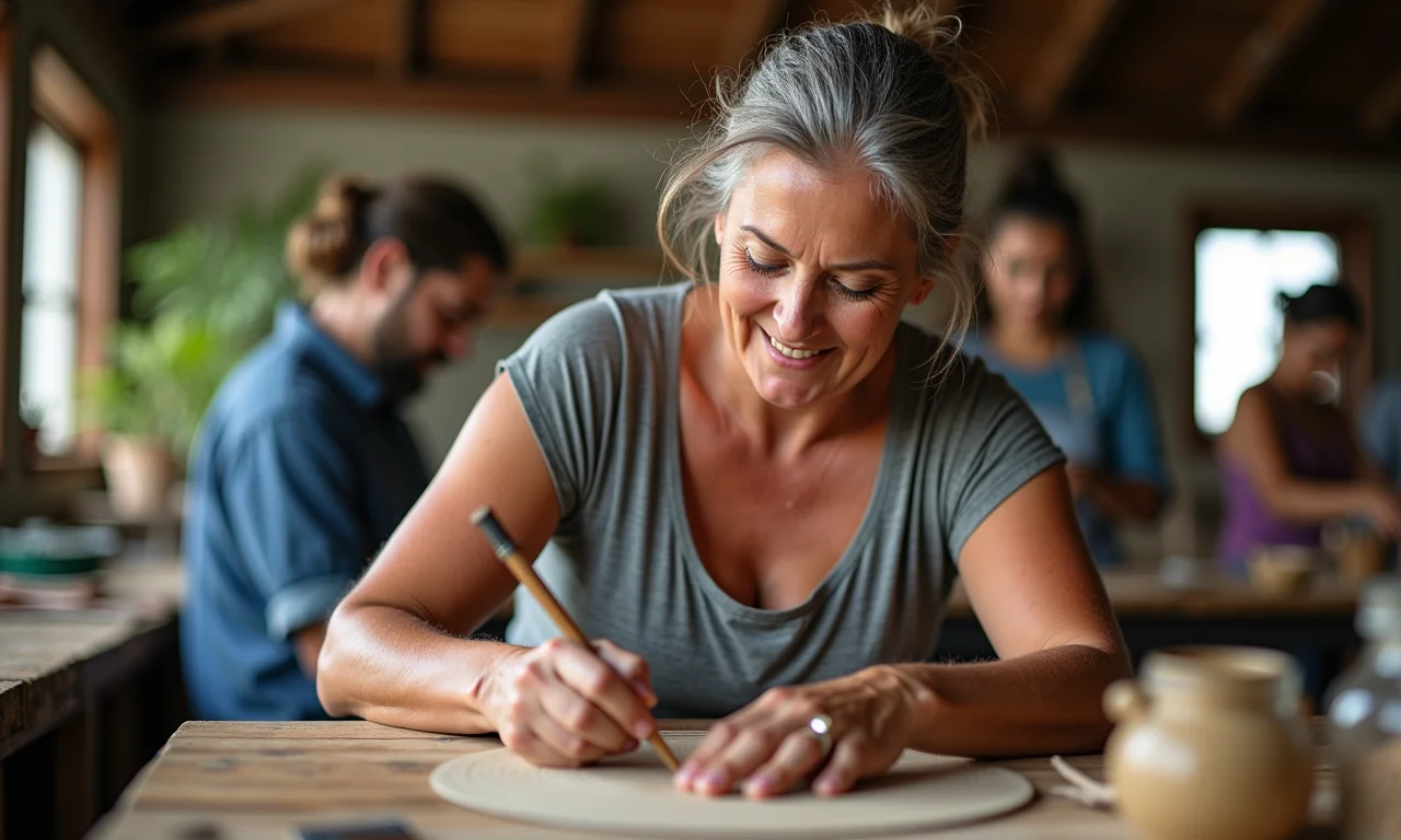 Mulher brasileira participando ativamente de um workshop.