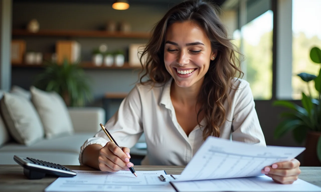 Mulher brasileira planejando férias, usando calculadora e calendário, com comprovantes de comissões.