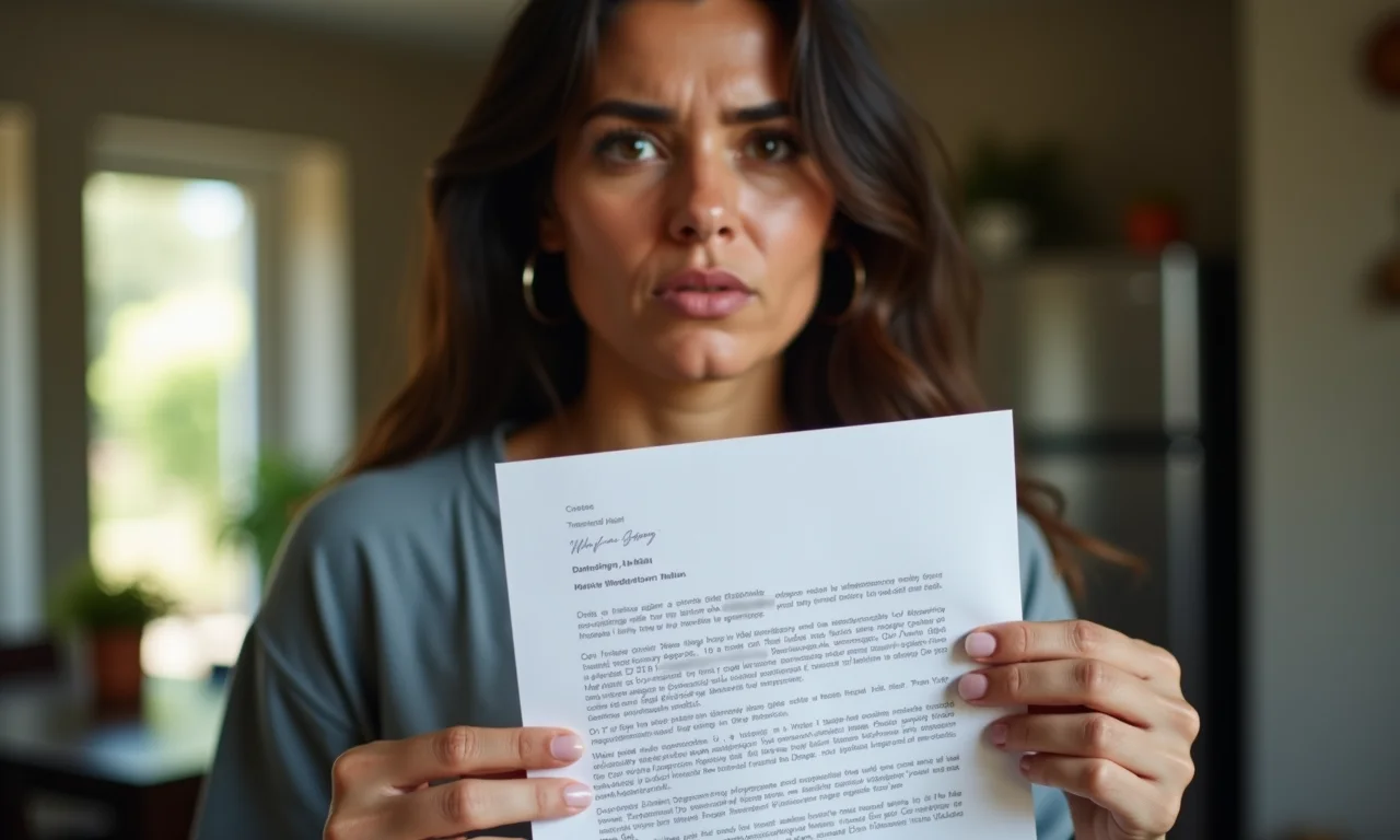 Mulher brasileira preocupada com carta de demissão sem justa causa.