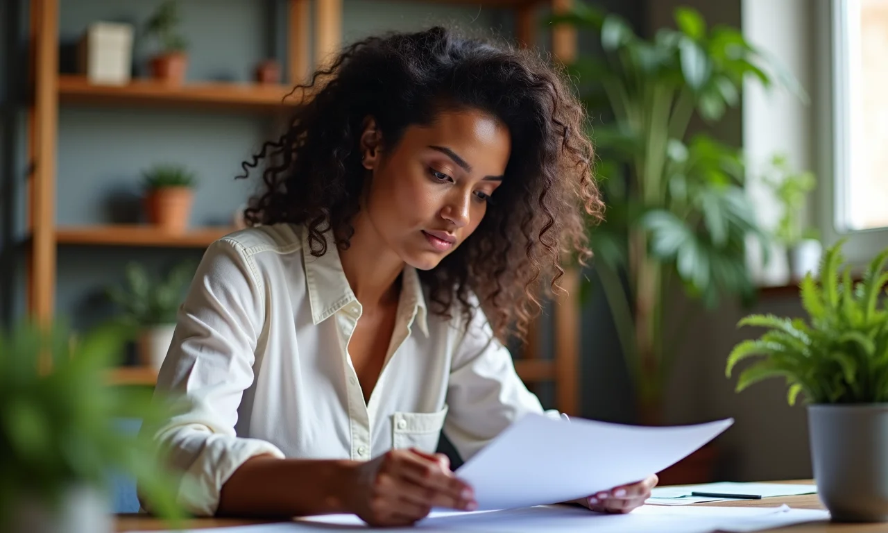 Mulher brasileira revisando contrato de trabalho por prazo indeterminado em casa.