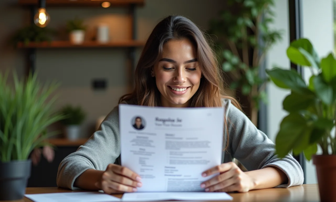 Mulher brasileira revisando um currículo impresso em uma mesa.