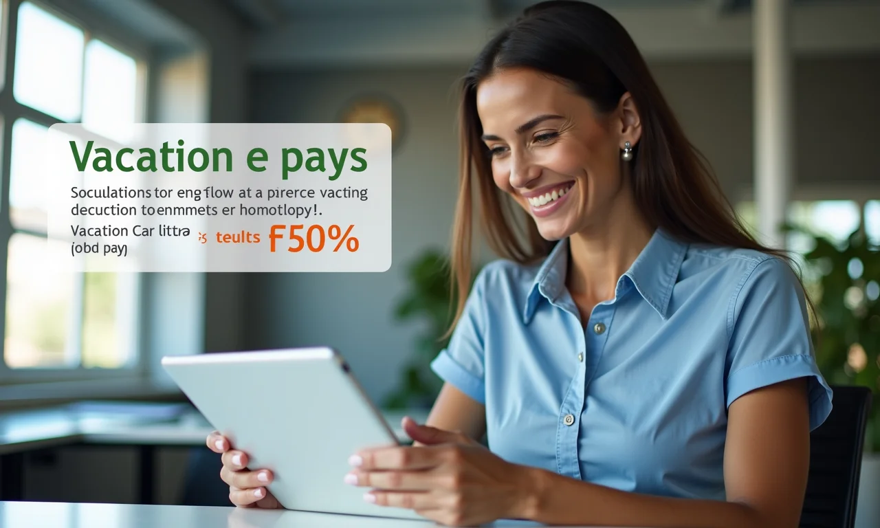 Mulher brasileira sorrindo ao ver os cálculos das férias proporcionais em um tablet.