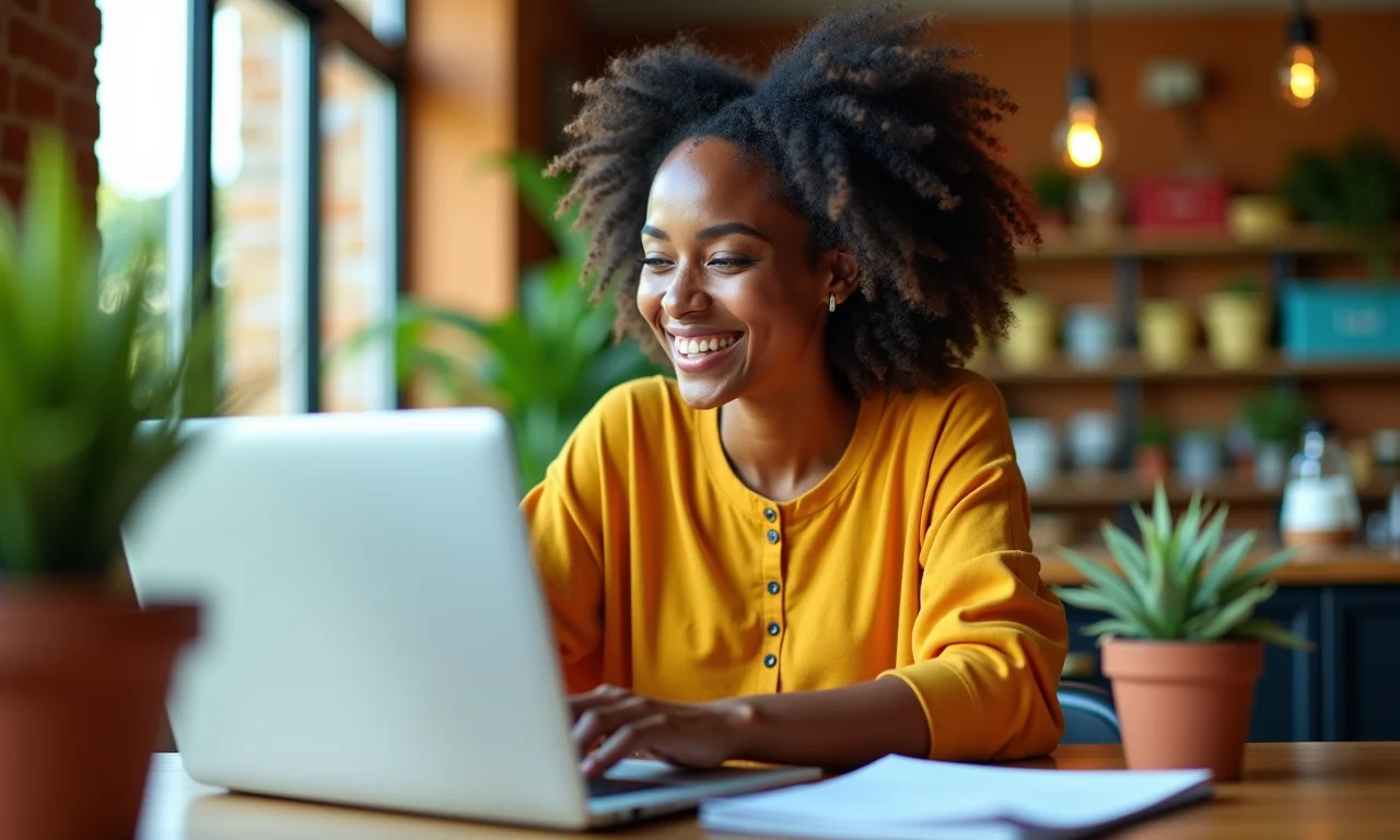 Mulher brasileira trabalhando feliz em um laptop em uma mesa colorida, representando renda extra impactando o seguro-desemprego.