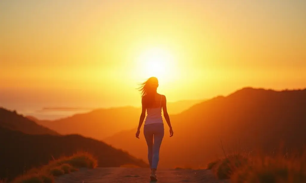 Como Sair da Zona de Conforto e Alcançar Seu Potencial Mulher caminhando confiante em direção ao horizonte, representando a superação da zona de conforto.