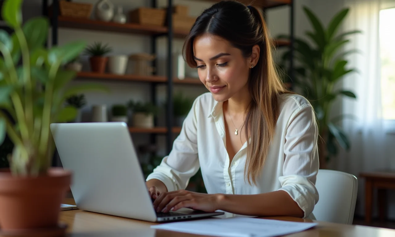 Mulher conferindo extrato do abono salarial no laptop em casa.