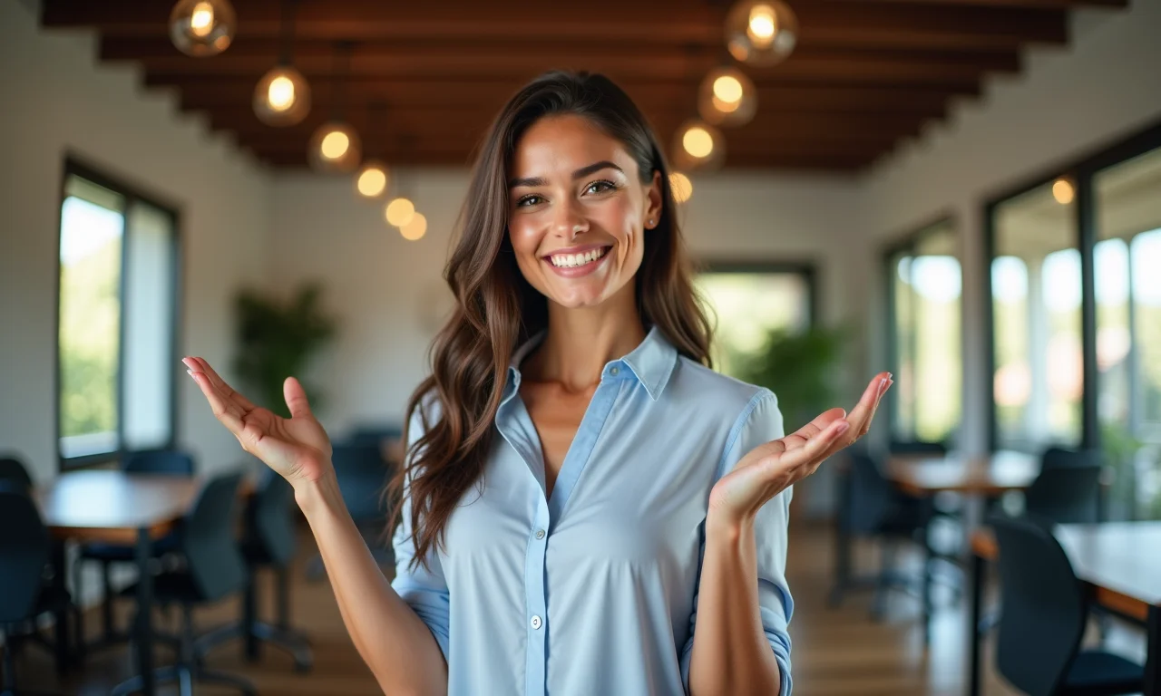 Mulher confiante apresentando em empresa multinacional, representando aumento da competitividade.
