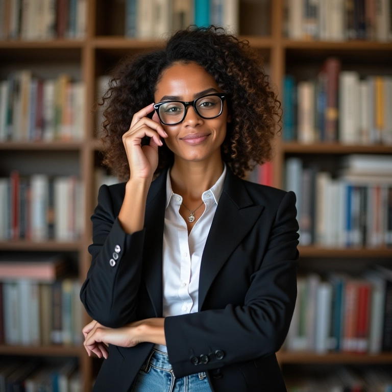 Mulher confiante em uma biblioteca moderna.