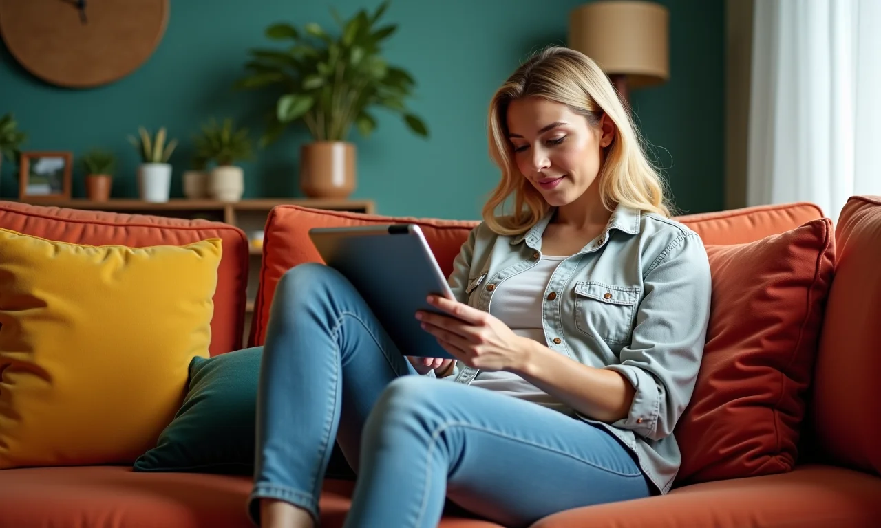 Mulher consulta processo trabalhista online pelo tablet.