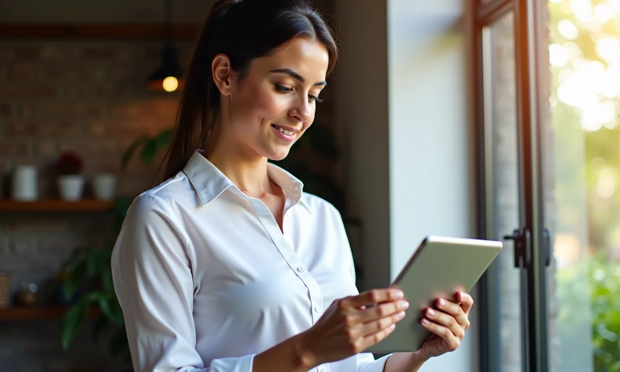 Mulher de negócios analisa opções de jornada de trabalho flexível em tablet.