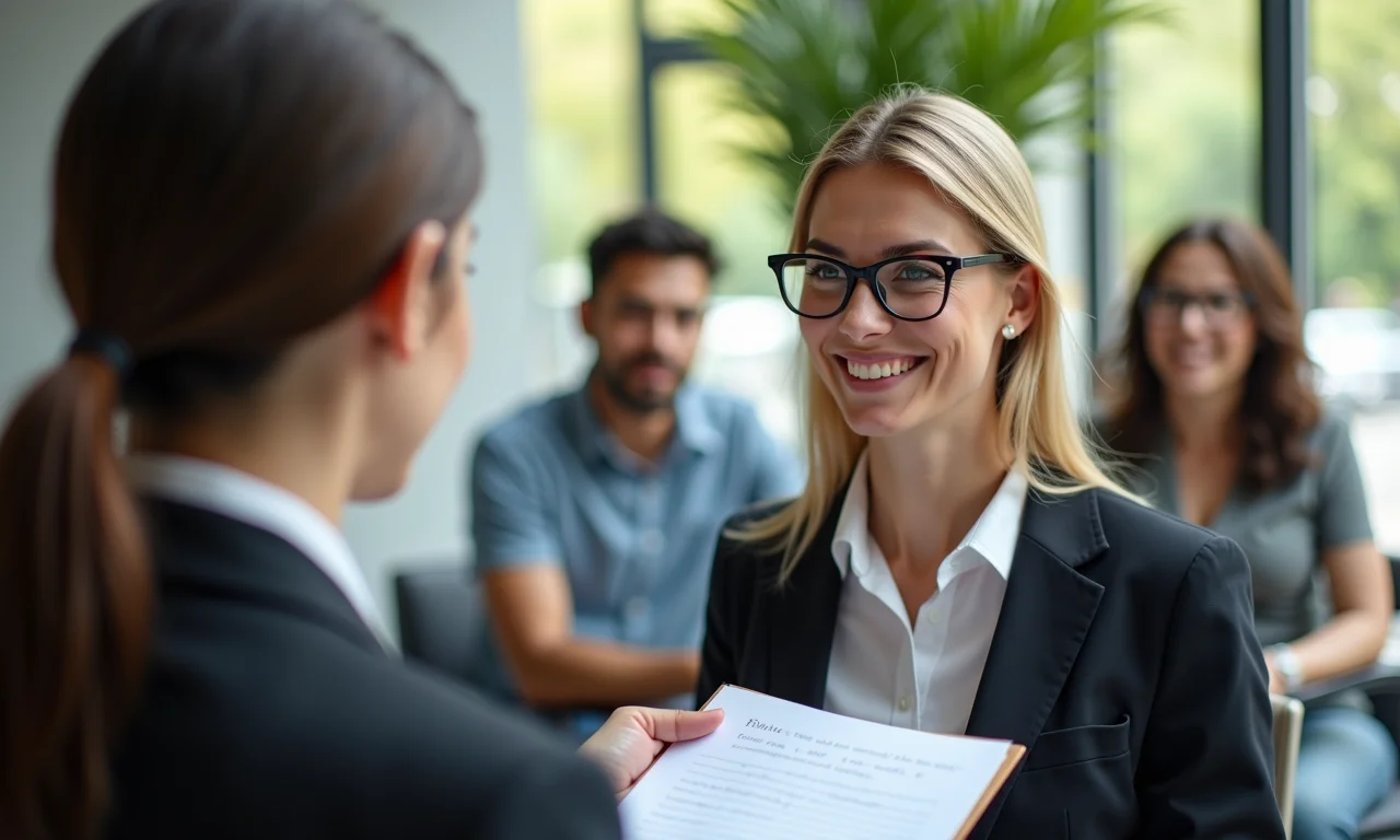 Mulher de negócios analisando feedback de candidatos com uma equipe diversificada ao fundo.