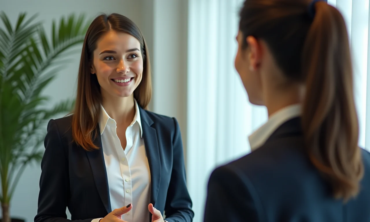 Mulher ensaiando respostas para entrevista em frente ao espelho, vestindo roupa profissional.