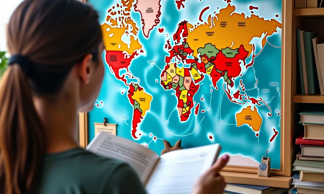 Mulher estudando mapa-múndi com símbolos culturais, representando conhecimento cultural.