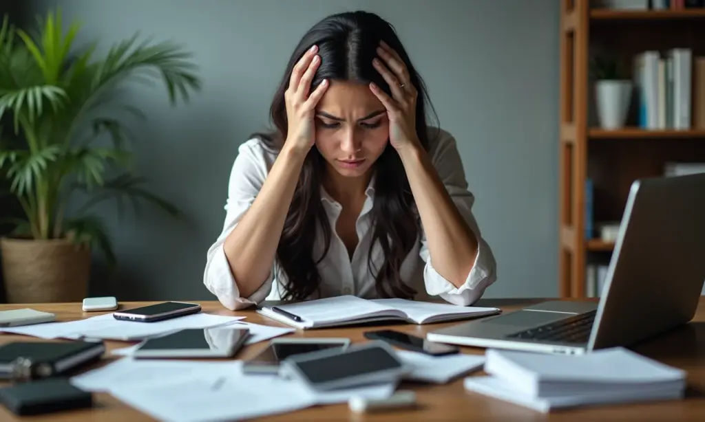 Mulher exausta sentada em mesa cheia de tecnologia, burnout digital.
