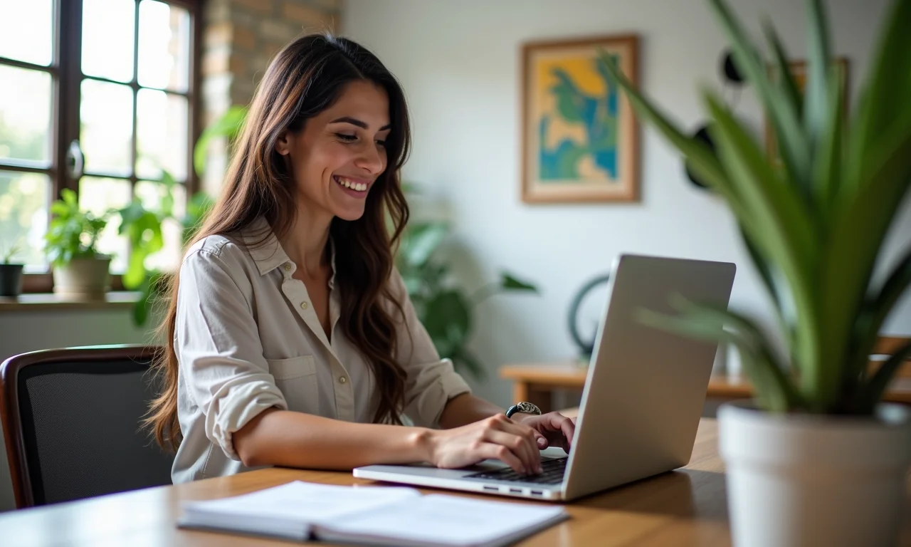 Mulher formatando currículo em laptop.