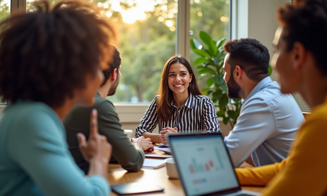 Mulher interagindo com colegas diversos, representando melhora na comunicação e networking.